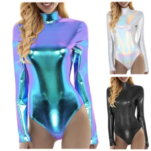 Women's Shiny Long Sleeve Leotard Gymnastics Girls High Neck Bodysuit Glossy Color Leather Dance Leotards Bodycon Clubwear