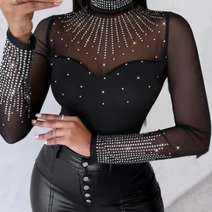 Women Sexy Solid Long Sleeves Contrast Mesh Patch Rhinestone Decor Bodysuits