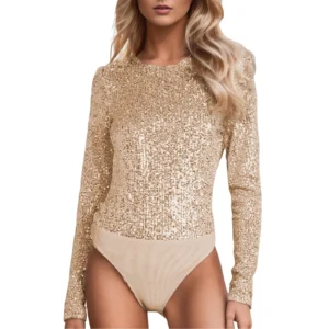 Women Sexy Sequins One-Piece Bodysuit Club Party Wear Long Sleeve Swing Hollow Out Jumpsuits T-Shirts Shiny Slimming Tops Romper