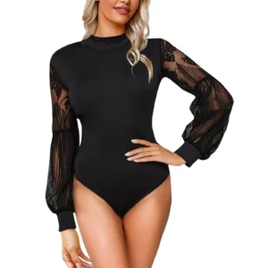 Women's Bubble Sleeve Patchwork Casual Bodysuit Sexy See Through Mesh Bodysuit Long Sleeve Skinny Tshirt Gothic Aesthetic Bottom