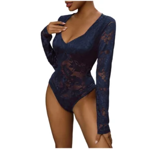 Women Elegant White Lace V-Neck Bodysuits Sexy One Piece Fitted Bodyshaper Jumpsuits Long Sleeves Shapewear Slimming Waist Tops