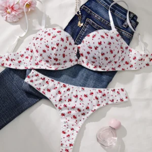 Ladies Summer 2-Piece Set Casual Bra Ensemble including Stripe Cherry Print Comfortable Home Leisure Outfit