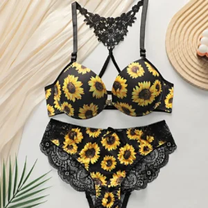 Women's sexy lingerie set with front buckle chrysanthemum pattern and steel ring gathering push up underwear set A3116