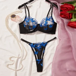 Ladies Sexy Black Lingerie Set Blue Embroidered Brassiere Thong Panties Women Translucent Bowknot Erotic Underwear Set Lenceria