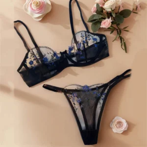 Women Elegant Floral Lace Lingerie Set Sheer Embroidered Mesh Bra Low Rise Panty Lingerie Set Valentine'S Day Lingerie For Women