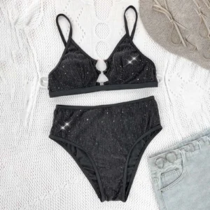 Women Sexy Sequine Lingerie Set Metal Ring High Waist Sexy Bikini Lettuce Trim Underwear Summer Lightweight Lingeries Sexy Hot
