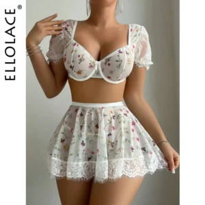 Ellolace Floral Lace Lingerie Puff Sleeve Crop Top Skirt 3-Piece Bra Kit Push Up Matching Sexy Outfits For Woman Fairy Hot Girl