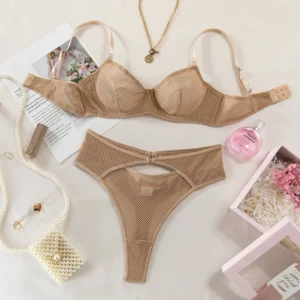 Krasapt Khaki Hollow Out Sexy Lingerie 2Pcs Sets Fancy Mesh See Through Bras And Panties Set Casual Beach Holiday Bilizna Set
