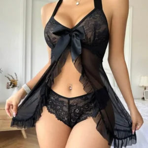 Delicate Lingerie Sexy Crotchless Nightdress Hollow Bra Panties Set Erotic Lace Underwear Woman Sexy Nightie Nightgown