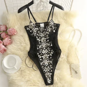 Ladies Sexy Flower Embroidered Lingerie Bodycon Lace Up Bandage See Through Bodysuit Lace Erotic Sexy Pajamas Lingeries Sexy Hot